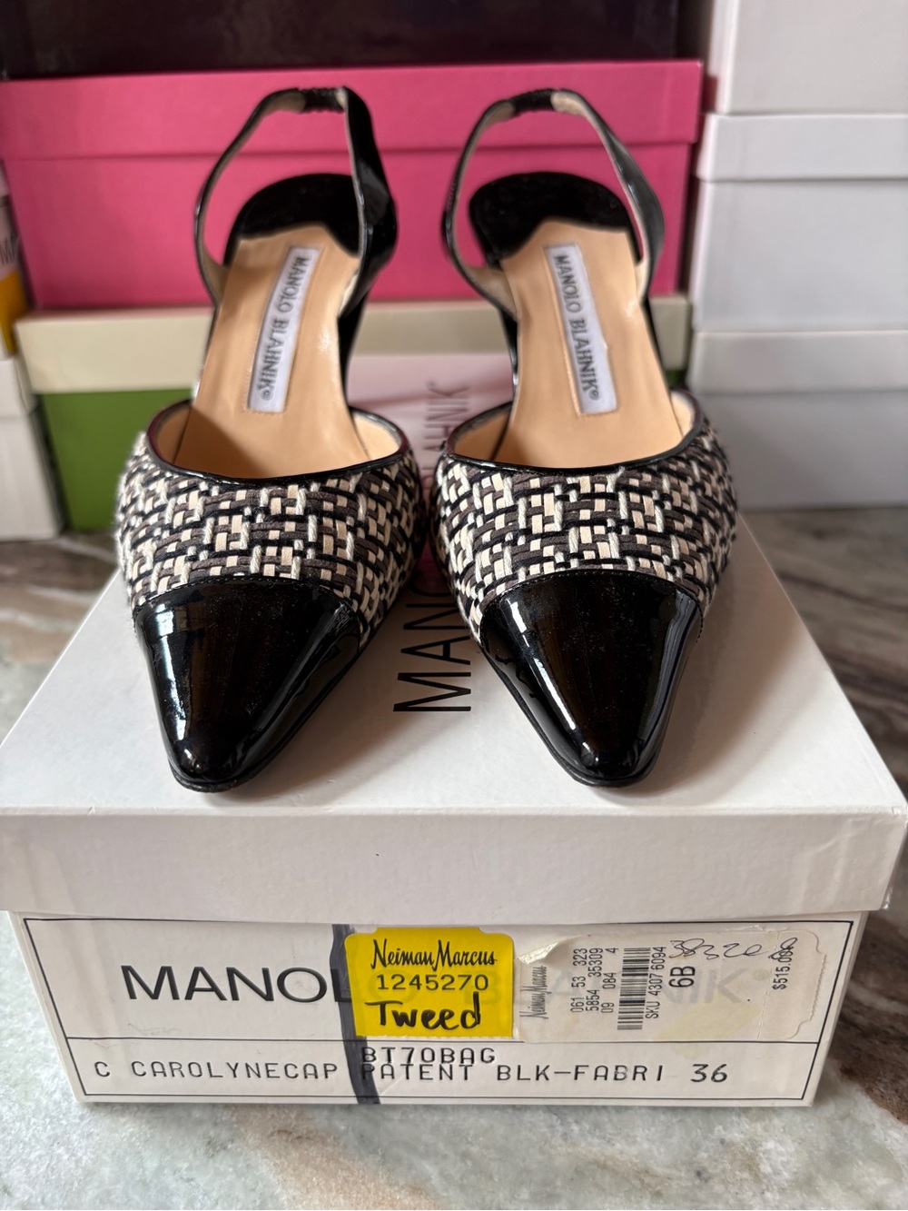Manolo Blahnik Black Patent & Ivory Tweed Pointed Slingback Heels